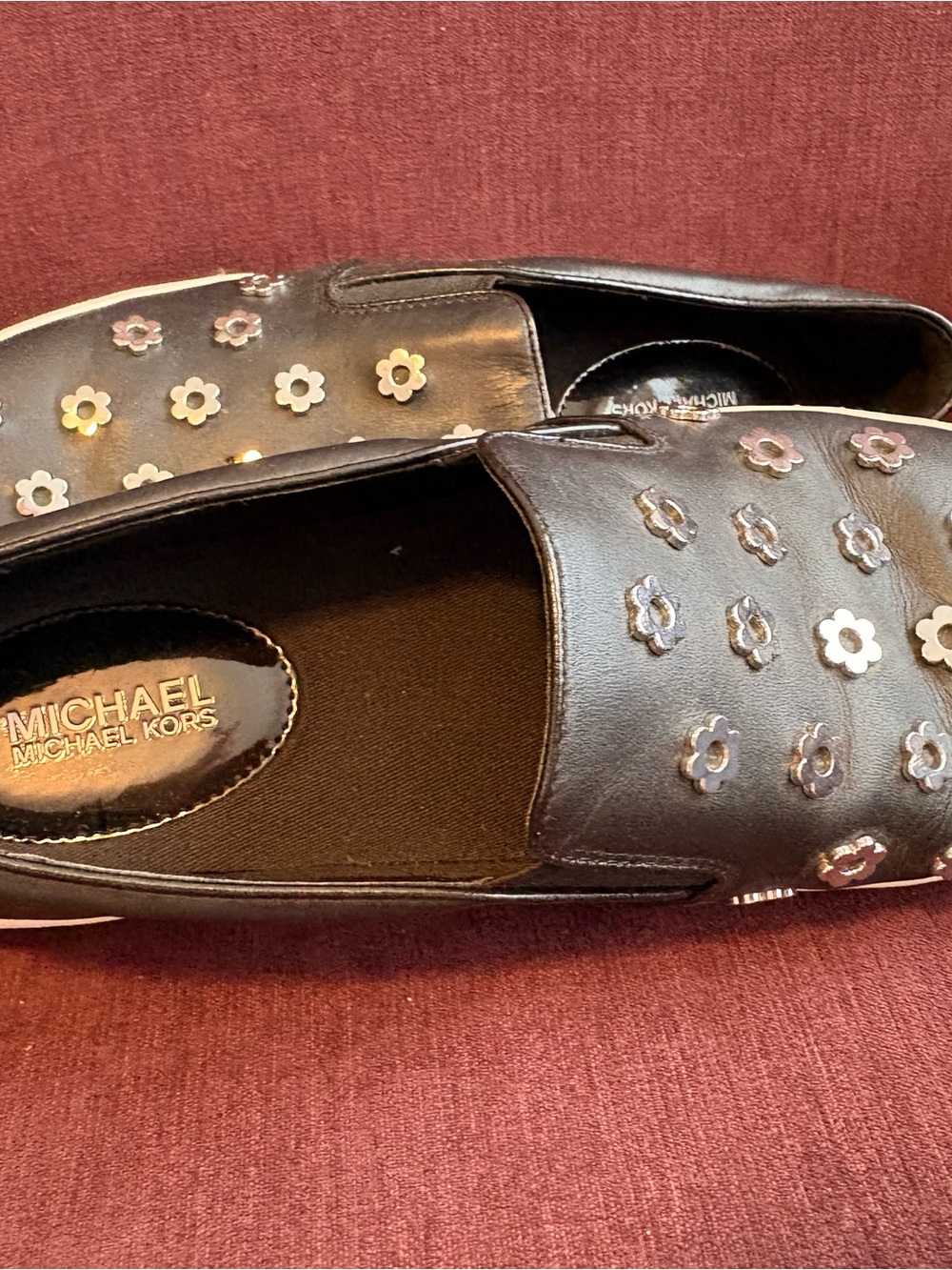 MICHAEL Michael Kors Black Slip-On Sneakers with Silver Flower Studs Women’s - Picture 2 of 2